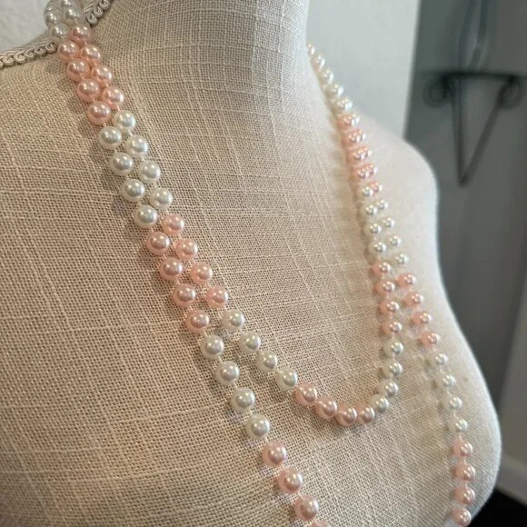 Pink and White Faux Pearls Flapper Length - Picture 5 of 6